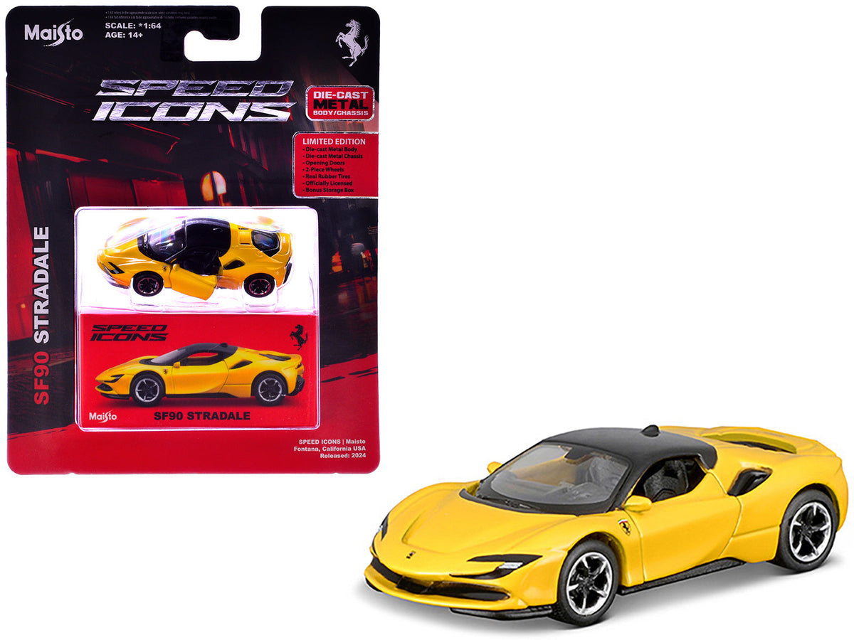 Ferrari SF90 Stradale Yellow with Black Top "Speed Icons" Series 1/64 Diecast Model Car by Maisto free shipping USA
