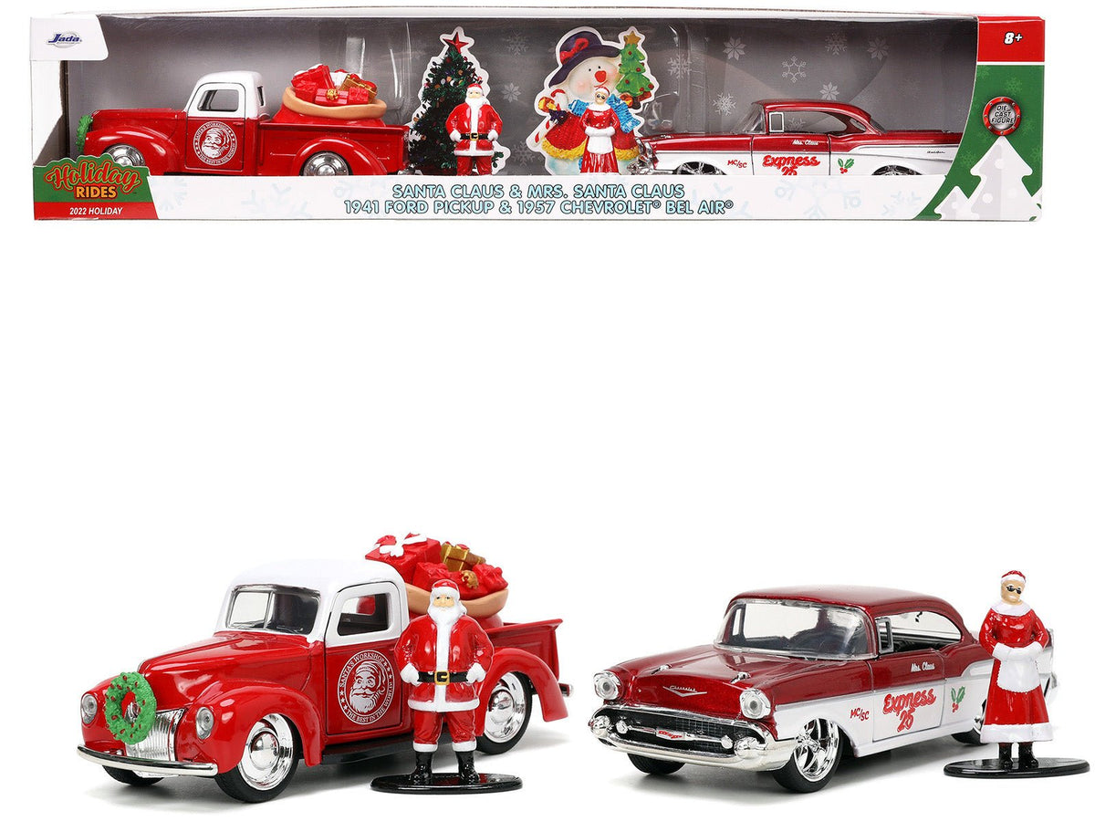 1941 Ford Pickup Truck Red and White "Santa's Workshop" and 1957 Chevrolet Bel Air Red Metallic and White "Express 25" with Mr. and Mrs. Santa Claus Diecast Figures "Holiday Rides" Series 1/32 Diecast Model Cars by Jada free shipping USA
