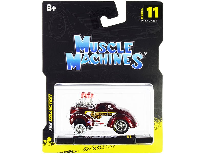 1941 Willys Coupe Gasser "Competition Cams" Red Metallic and White 1/64 Diecast Model Car by Muscle Machines free shipping USA