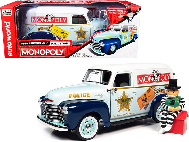 1948 Chevrolet Panel Police Van with Mr. Monopoly Figurine "Monopoly" 1/18 Diecast Model Car by Auto World free shipping USA