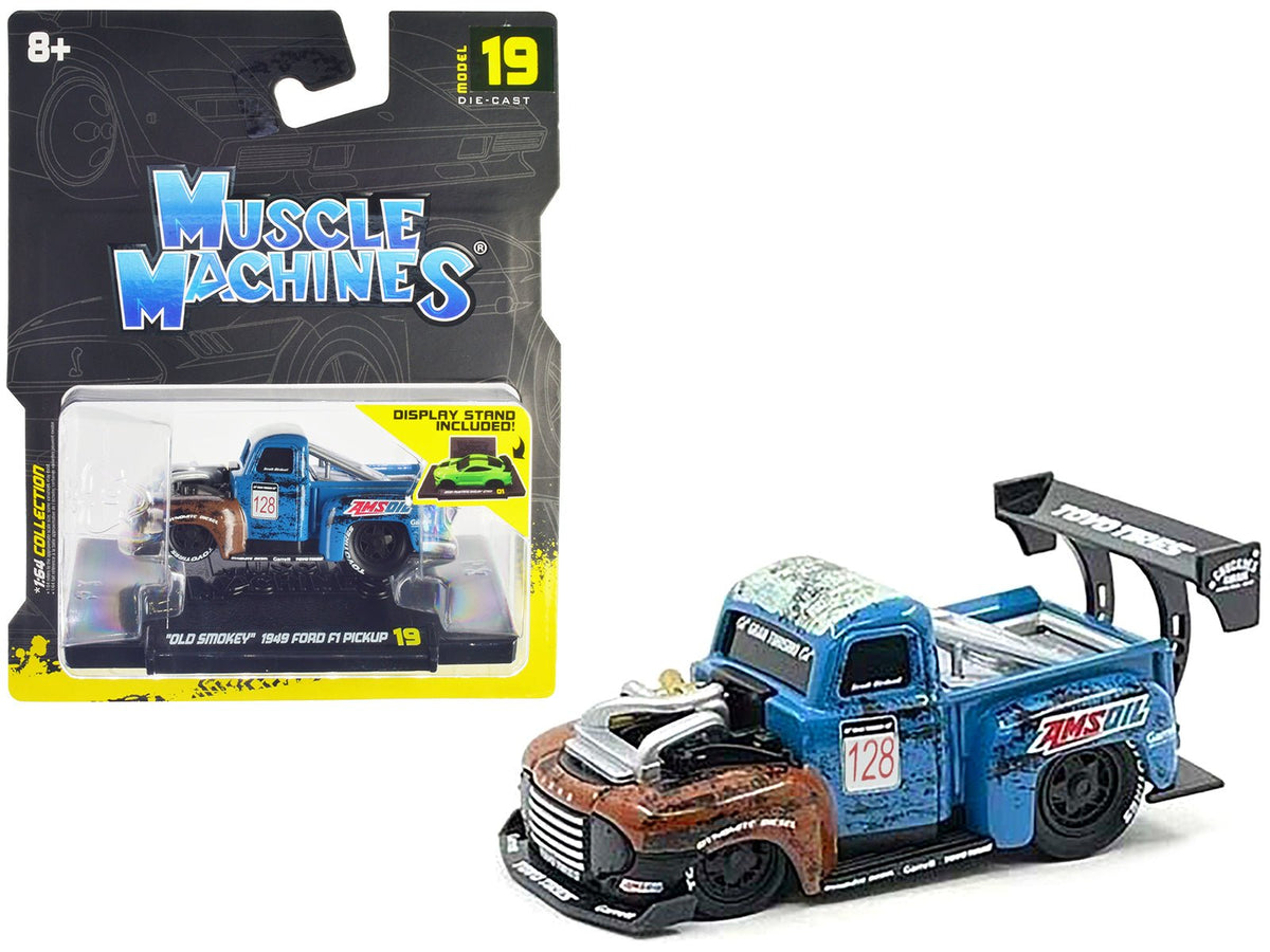 1949 Ford F1 Pickup Truck #128 "Old Smokey" Blue and Brown (Weathered) 1/64 Diecast Model Car by Muscle Machines free shipping USA