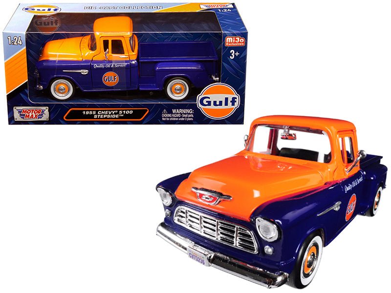 1955 Chevrolet 5100 Stepside Pickup Truck "Gulf" Dark Blue and Orange 1/24 Diecast Model Car by Motormax free shipping USA