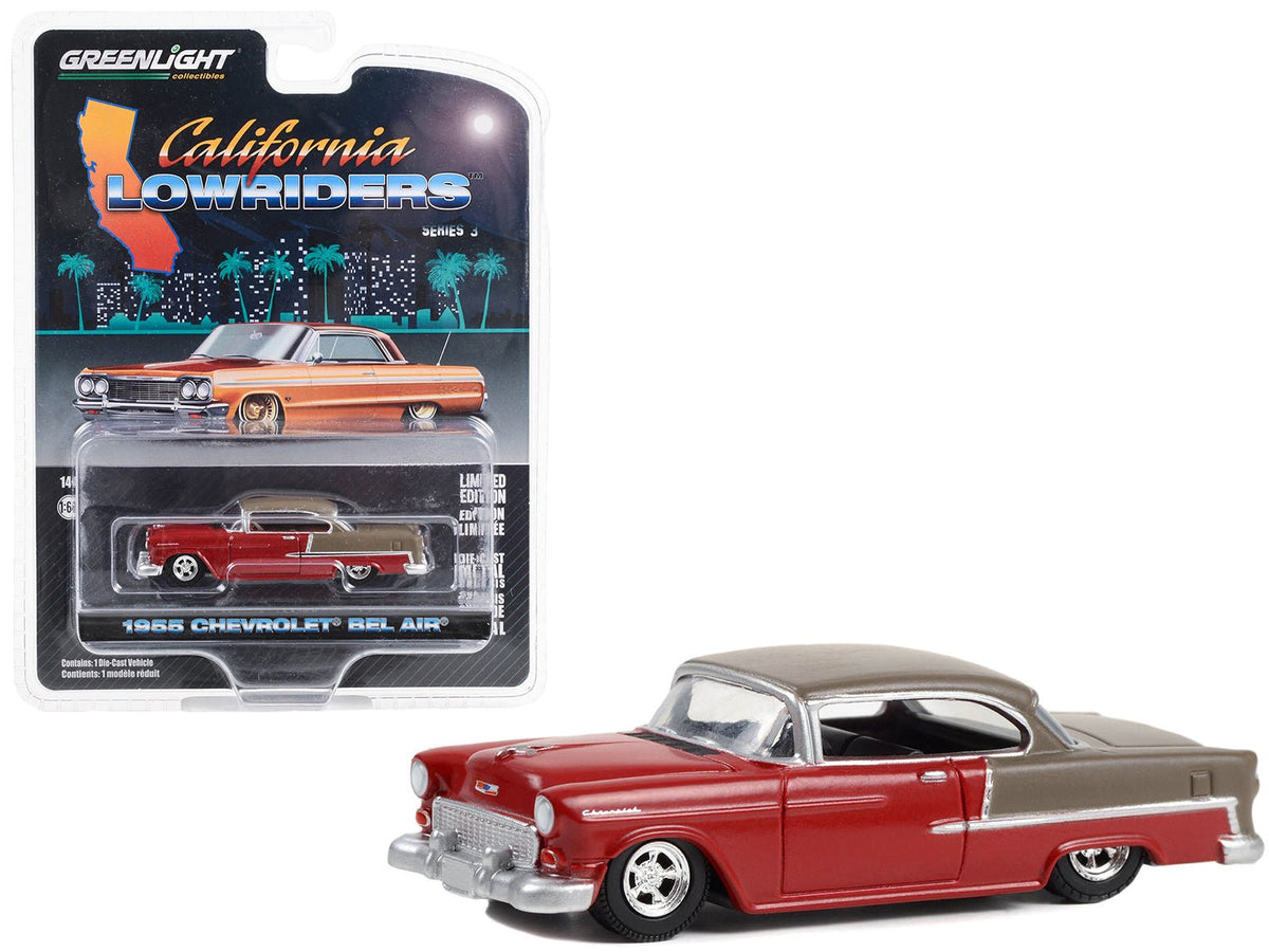1955 Chevrolet Bel Air Lowrider Ruby Red and Matt Bronze "California Lowriders" Series 3 1/64 Diecast Model Car by Greenlight free shipping USA