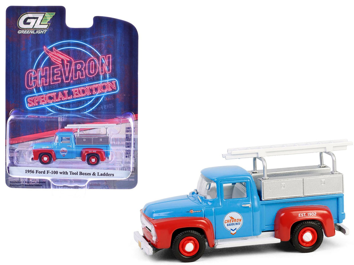 1956 Ford F-100 Pickup Truck with Tool Boxes and Ladders "Chevron" Blue and Red "Chevron Special Edition" Series 1 1/64 Diecast Model Car by Greenlight free shipping USA