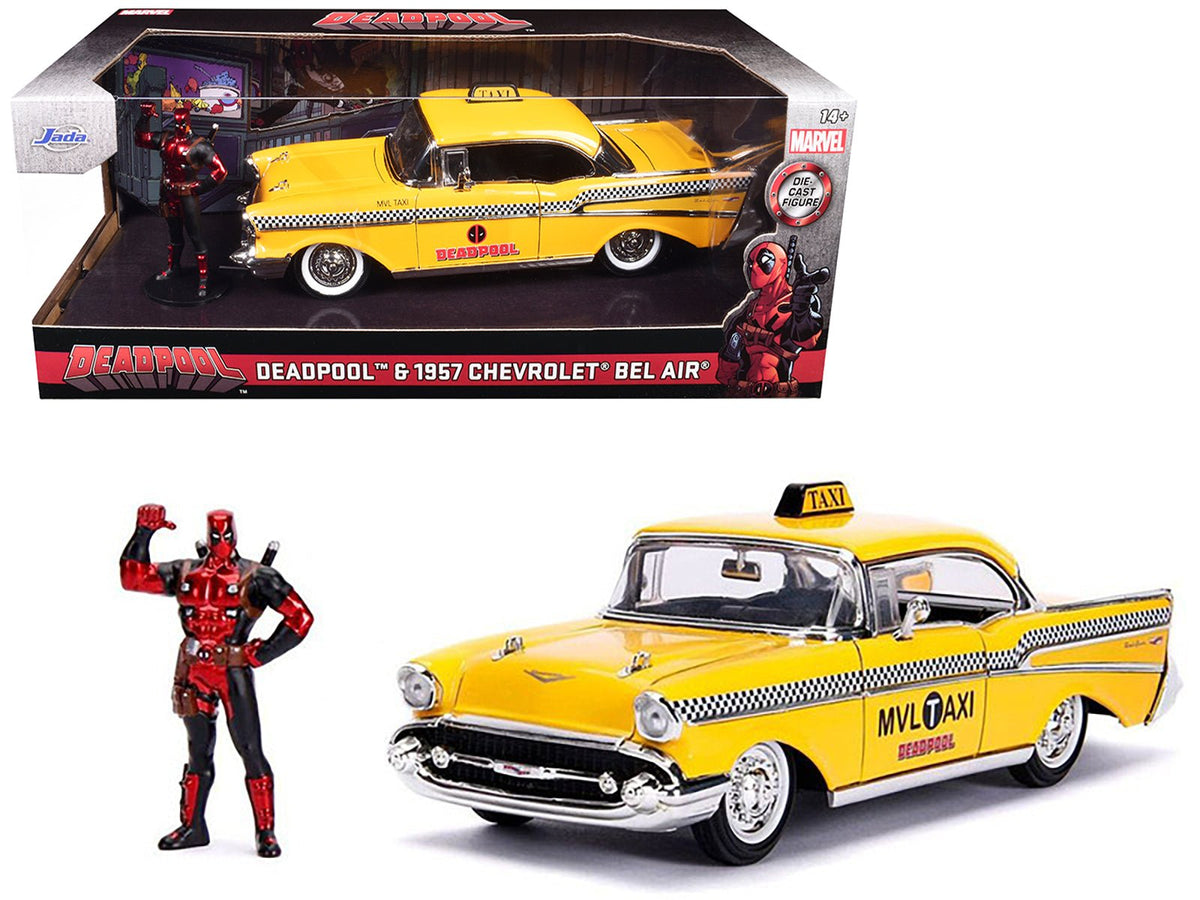 1957 Chevrolet Bel Air Taxi Yellow with Deadpool Diecast Figurine "Marvel" Series 1/24 Diecast Model Car by Jada free shipping USA