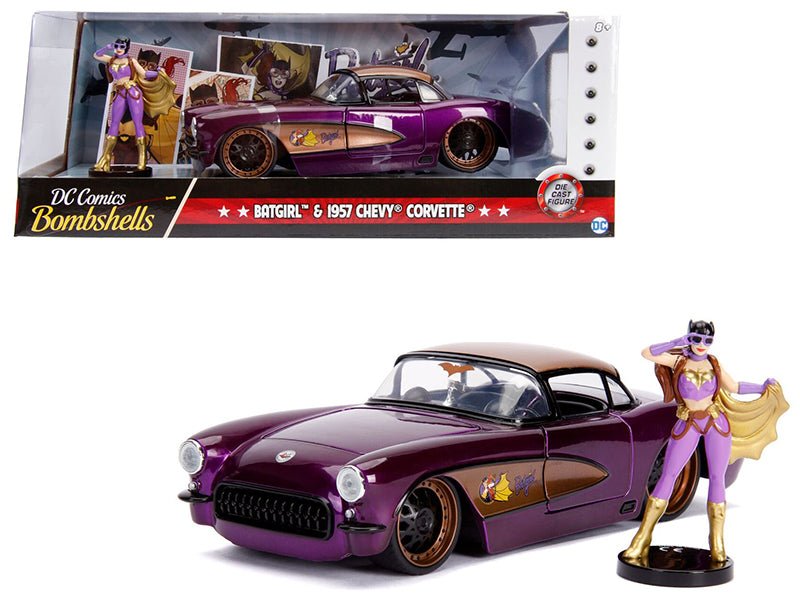 1957 Chevrolet Corvette Purple with Batgirl Diecast Figurine "DC Comics Bombshells" Series 1/24 Diecast Model Car by Jada free shipping USA