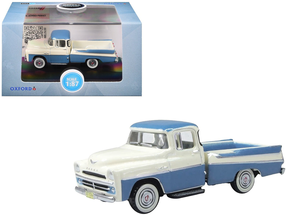 1957 Dodge D100 Sweptside Pickup Truck Ice Blue and Glacier White 1/87 (HO) Scale Diecast Model Car by Oxford Diecast free shipping USA