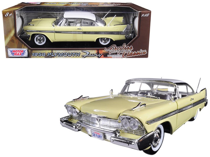 1958 Plymouth Fury "Timeless Classics" Yellow with White Top 1/18 Diecast Model Car by Motormax free shipping USA