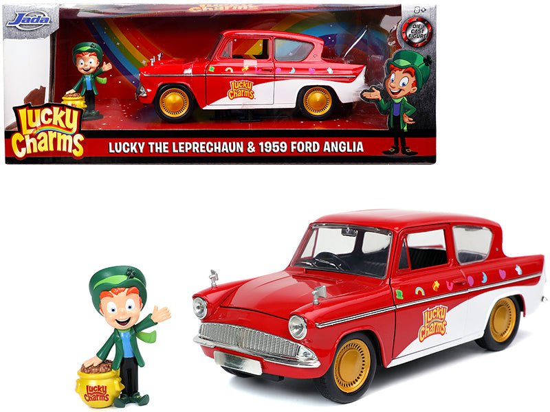 1959 Ford Anglia Red and White with Lucky the Leprechaun Diecast Figurine "Lucky Charms" 1/24 Diecast Model Car by Jada free shipping USA
