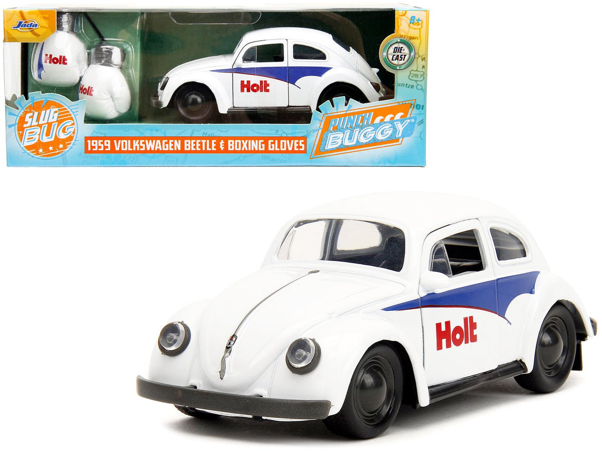 1959 Volkswagen Beetle "Holt" White with Blue Graphics and Boxing Gloves Accessory "Punch Buggy" Series 1/32 Diecast Model Car by Jada free shipping USA