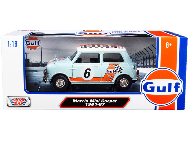 1961-1967 Morris Mini Cooper RHD (Right Hand Drive) #6 "Gulf Oil" Light Blue with Orange Stripes and Checkered Top "City Classics" Series 1/18 Diecast Model Car by Motormax free shipping USA