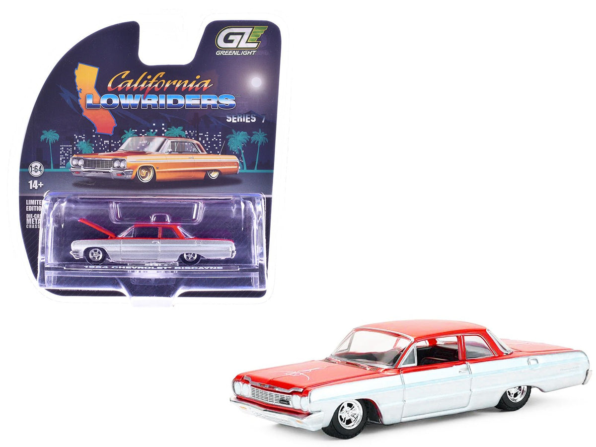 1964 Chevrolet Biscayne Lowrider Silver Metallic and Red Two-Tone "California Lowriders" Series 7 1/64 Diecast Model Car by Greenlight free shipping USA