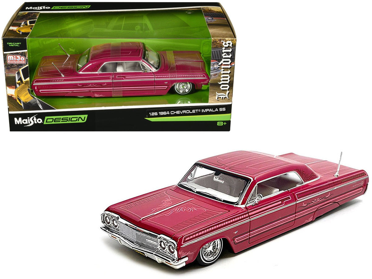 1964 Chevrolet Impala SS Lowrider Pink with Graphics and White Interior "Lowriders" "Maisto Design" Series 1/26 Diecast Model Car by Maisto free shipping USA