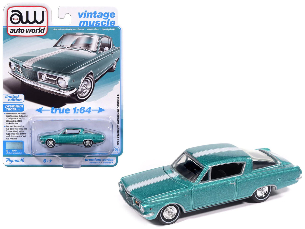 1965 Plymouth Barracuda Formula S Turquoise Metallic with White Stripe "Vintage Muscle" Series 1/64 Diecast Model Car by Auto World free shipping USA