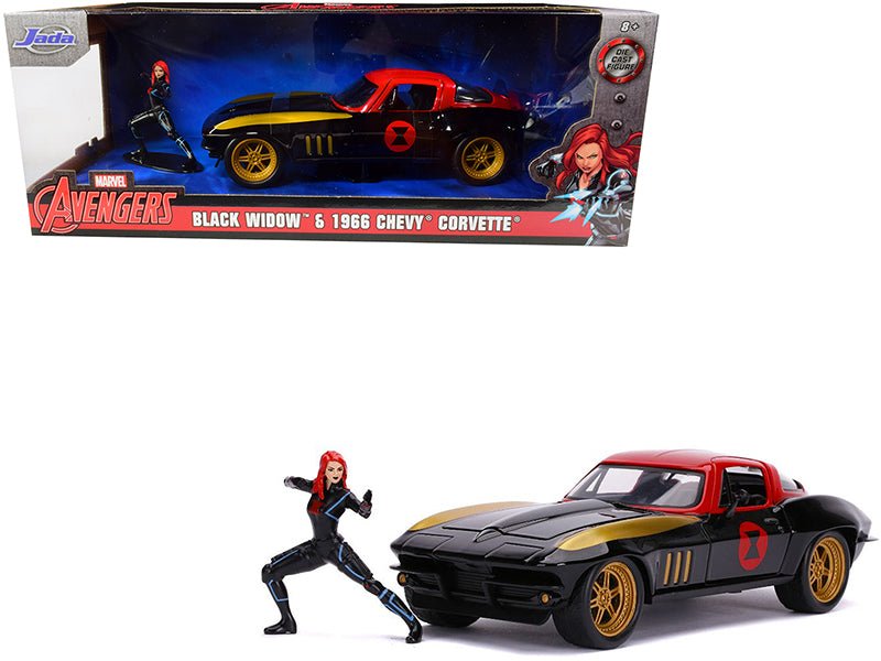 1966 Chevrolet Corvette with Black Widow Diecast Figurine "Avengers" "Marvel" Series 1/24 Diecast Model Car by Jada free shipping USA