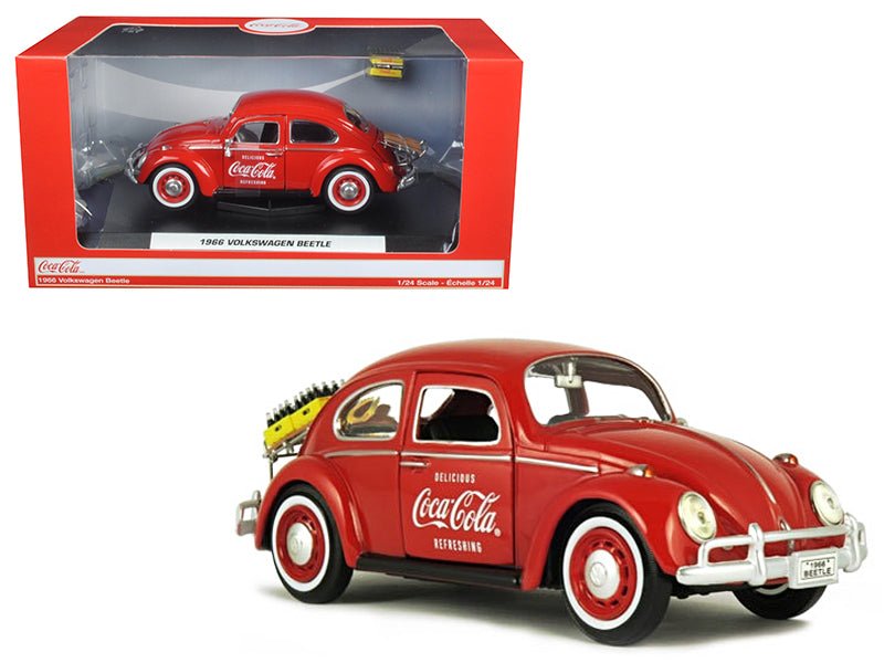 1966 Volkswagen Beetle with Rear Luggage Rack Red with Two Bottle Cases "Coca-Cola" 1/24 Diecast Model Car by Motorcity Classics free shipping USA