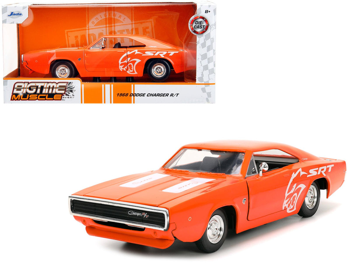 1968 Dodge Charger R/T SRT Orange with White Stripes and Graphics "Bigtime Muscle" Series 1/24 Diecast Model Car by Jada free shipping USA