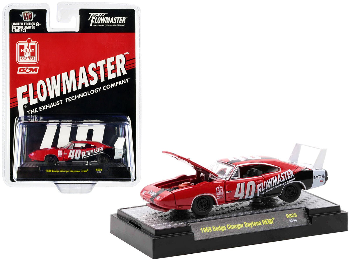 1969 Dodge Charger Daytona HEMI #40 Red with Graphics "Flowmaster" Limited Edition to 6600 pieces Worldwide 1/64 Diecast Model Car by M2 Machines free shipping USA