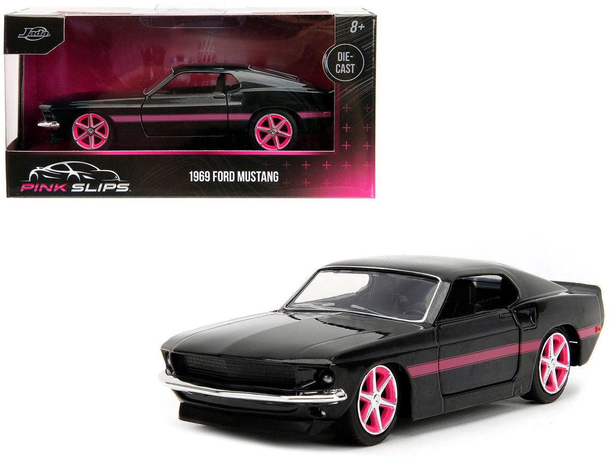 1969 Ford Mustang Black Metallic with Pink Stripes and Wheels "Pink Slips" Series 1/32 Diecast Model Car by Jada free shipping USA