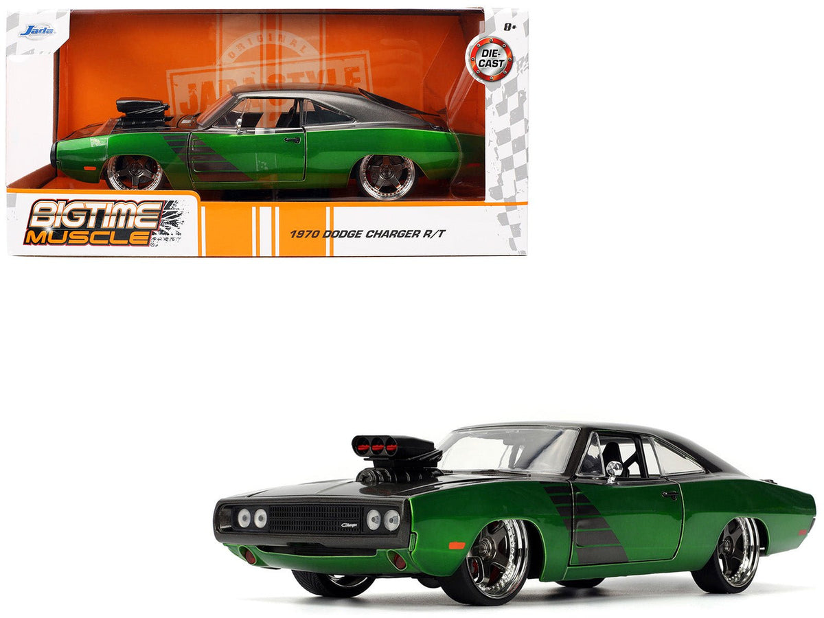 1970 Dodge Charger R/T Dark Gray Metallic and Green Metallic with Dark Gray Stripes "Bigtime Muscle" Series 1/24 Diecast Model Car by Jada free shipping USA