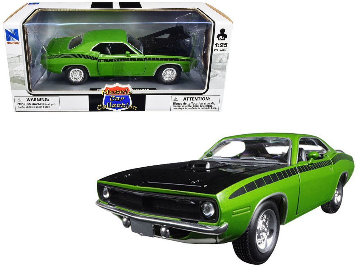 1970 Plymouth Barracuda Green with Black Hood and Stripes "Muscle Car Collection" 1/25 Diecast Model Car by New Ray free shipping USA