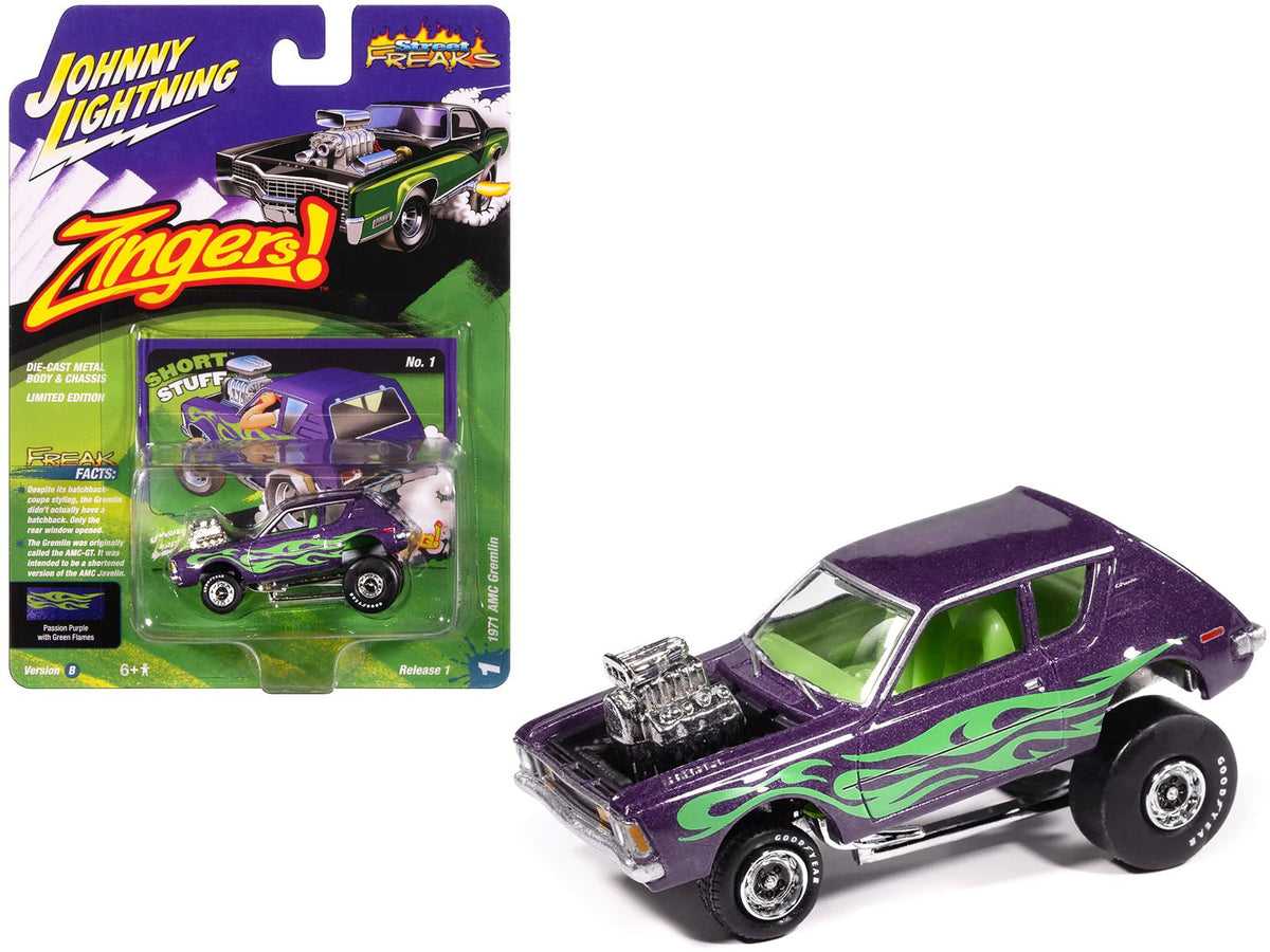 1971 AMC Gremlin Passion Purple Metallic with Green Flames and Interior "Zingers!" Series 1/64 Diecast Model Car by Johnny Lightning free shipping USA