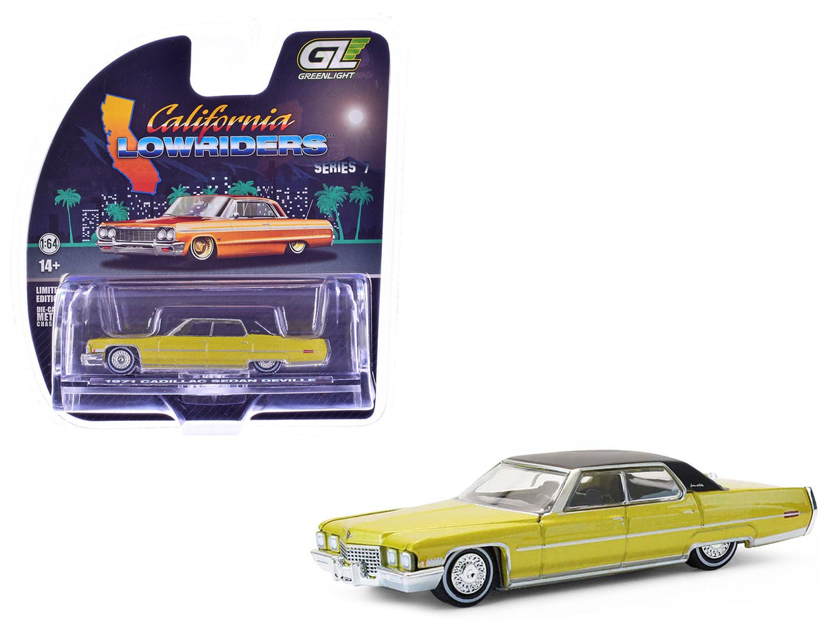 1971 Cadillac Sedan Deville Lowrider Gold Metallic with Black Top "California Lowriders" Series 7 1/64 Diecast Model Car by Greenlight free shipping USA