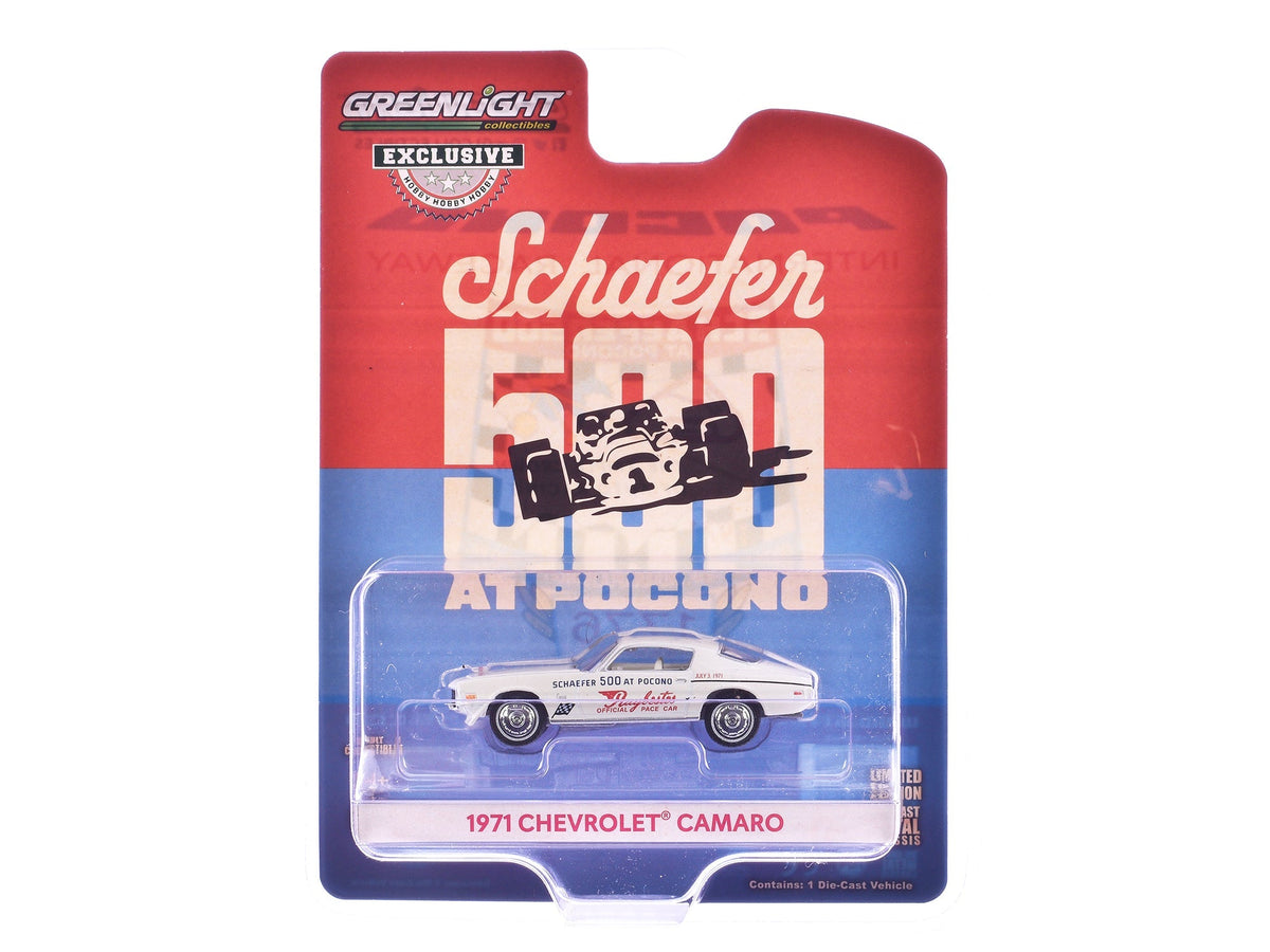 1971 Chevrolet Camaro "1971 Schaefer 500 at Pocono Raybestos Official Pace Car" White with White Interior "Hobby Exclusive" Series 1/64 Diecast Model Car by Greenlight free shipping USA