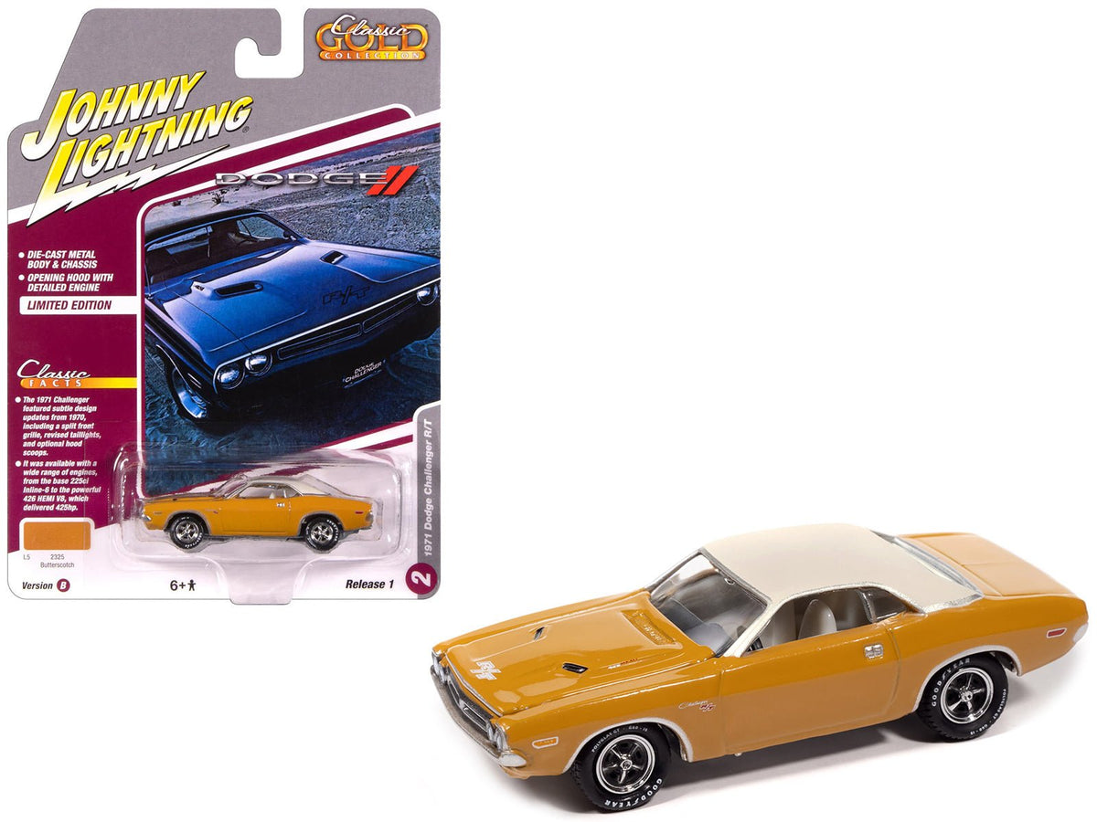 1971 Dodge Challenger R/T Butterscotch with White Top and Interior "Classic Gold Collection" 1/64 Diecast Model Car by Johnny Lightning free shipping USA