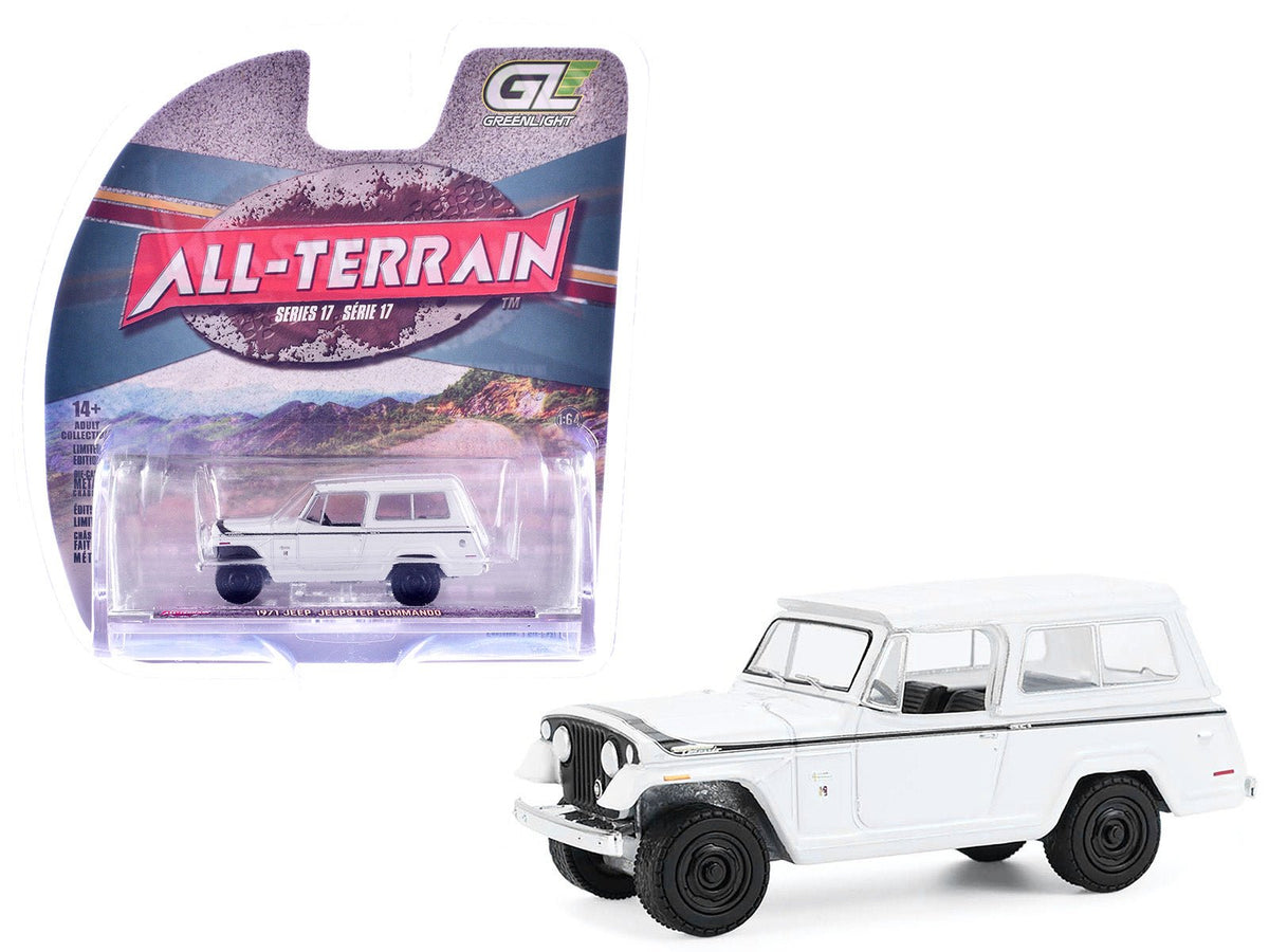 1971 Jeep Jeepster Commando White with Black Stripes "All Terrain" Series 17 1/64 Diecast Model Car by Greenlight free shipping USA