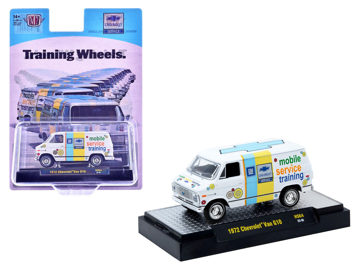1972 Chevrolet G10 Van "Chevrolet Mobile Service Training" White with Graphics Limited Edition to 4400 pieces Worldwide 1/64 Diecast Model Car by M2 Machines free shipping USA