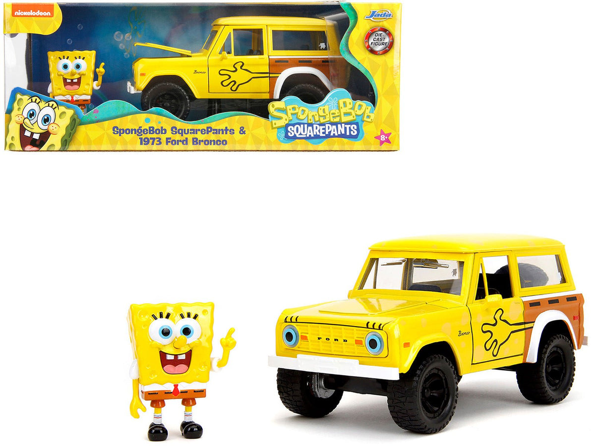 1973 Ford Bronco Yellow with Graphics and SpongeBob SquarePants Diecast Figure "SpongeBob SquarePants" (1999–Current) TV Series "Hollywood Rides" Series 1/24 Diecast Model Car by Jada free shipping USA
