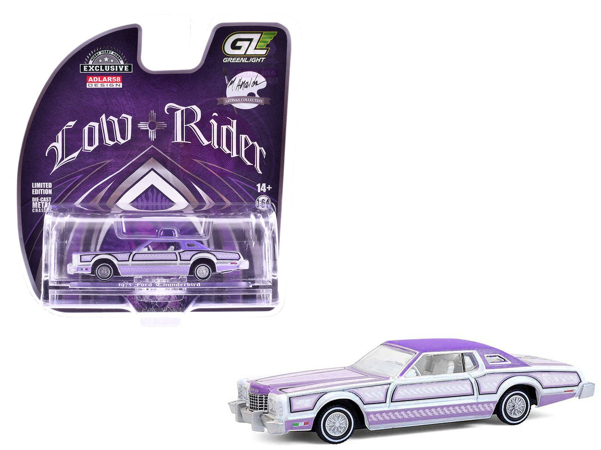1973 Ford Thunderbird Lowrider "Michael Heralda Special Edition" Purple Metallic with Graphics and White Interior "Hobby Exclusive" Series 1/64 Diecast Model Car by Greenlight free shipping USA