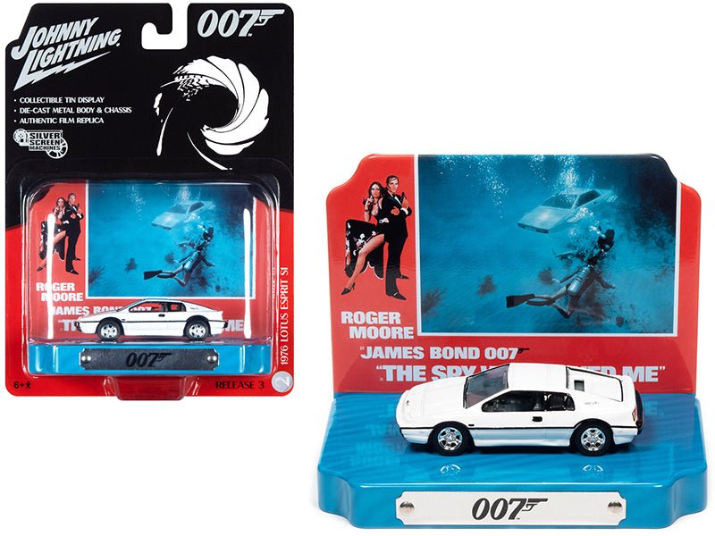 1976 Lotus Esprit S1 White with Collectible Tin Display "007" (James Bond) "The Spy Who Loved Me" (1977) Movie (10th in the James Bond Series) 1/64 Diecast Model Car by Johnny Lightning free shipping USA