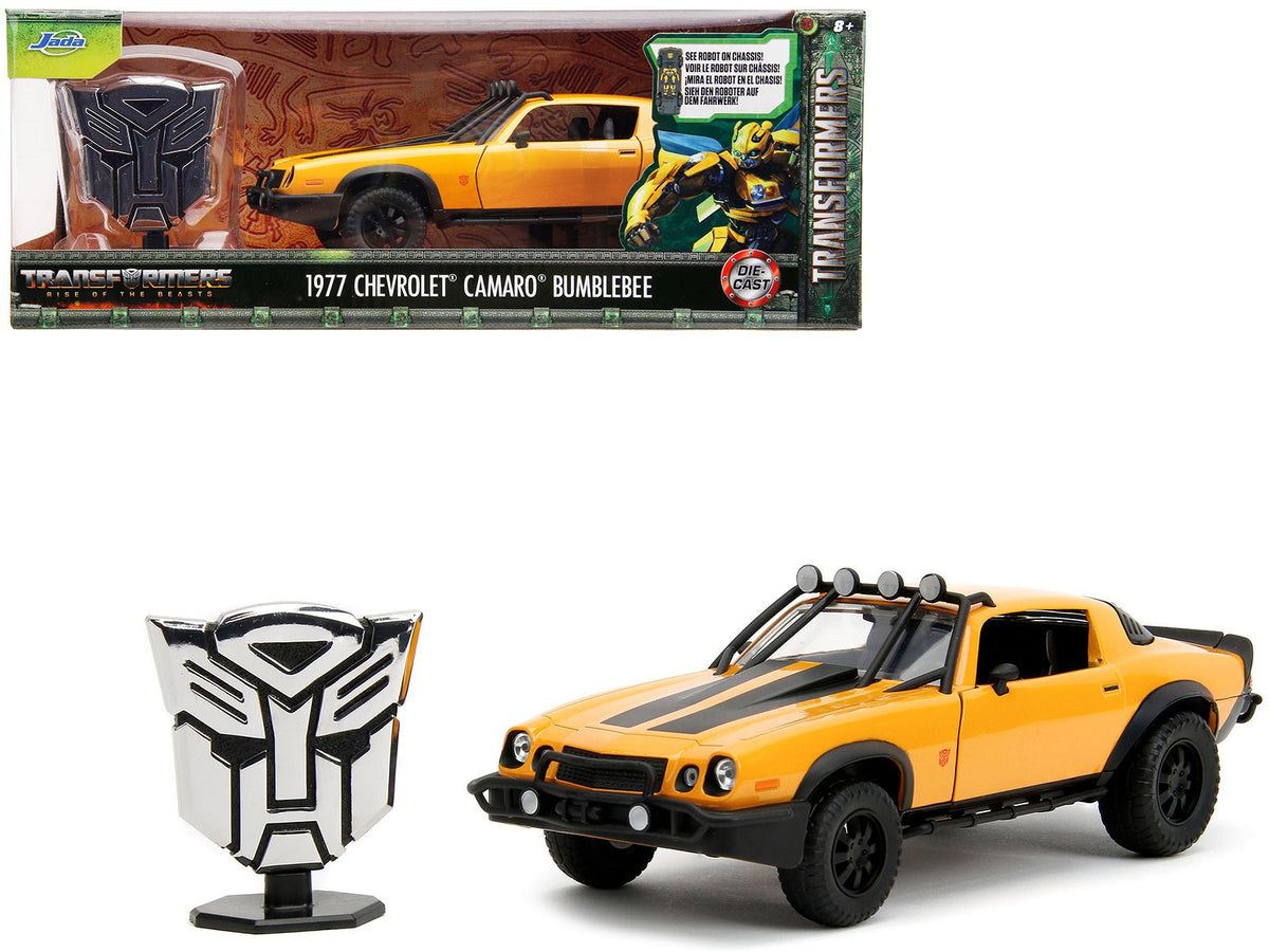 1977 Chevrolet Camaro Off-Road Version "Bumblebee" Yellow Metallic with Black Stripes and Transformers Logo Diecast Statue "Transformers: Rise of the Beasts" (2023) Movie "Hollywood Rides" Series 1/24 Diecast Model Car by Jada free shipping USA