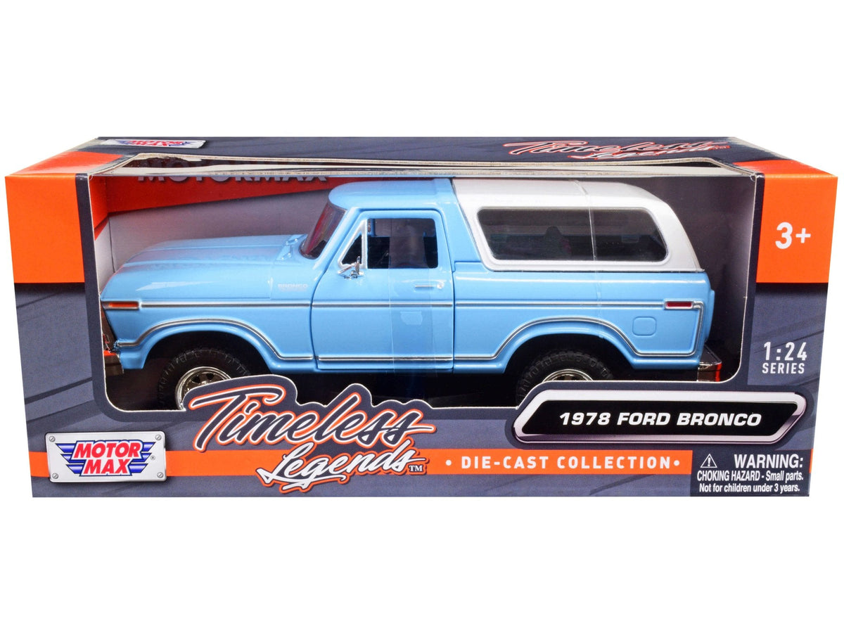 1978 Ford Bronco Custom Light Blue and White "Timeless Legends" Series 1/24 Diecast Model Car by Motormax free shipping USA