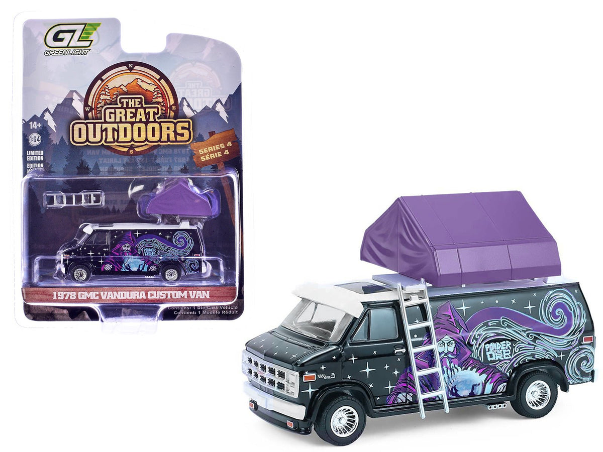 1978 GMC Vandura Custom Van Black with Wizard Graphics and White Top with Camp'otel Cartop Sleeper Tent "The Great Outdoors" Series 4 1/64 Diecast Model Car by Greenlight free shipping USA