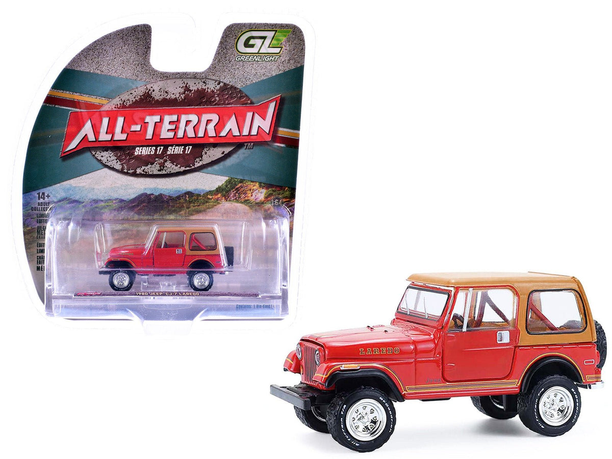 1980 Jeep CJ-7 Laredo Red with Tan Top "All Terrain" Series 17 1/64 Diecast Model Car by Greenlight free shipping USA