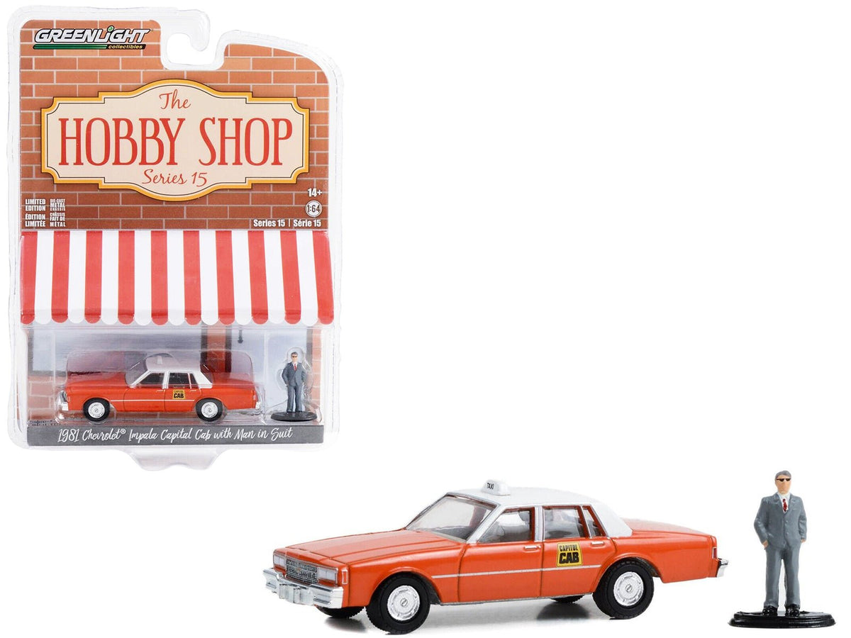 1981 Chevrolet Impala "Capitol Cab" Taxi Orange with White Top and Man in Suit Figure "The Hobby Shop" Series 15 1/64 Diecast Model Car by Greenlight free shipping USA