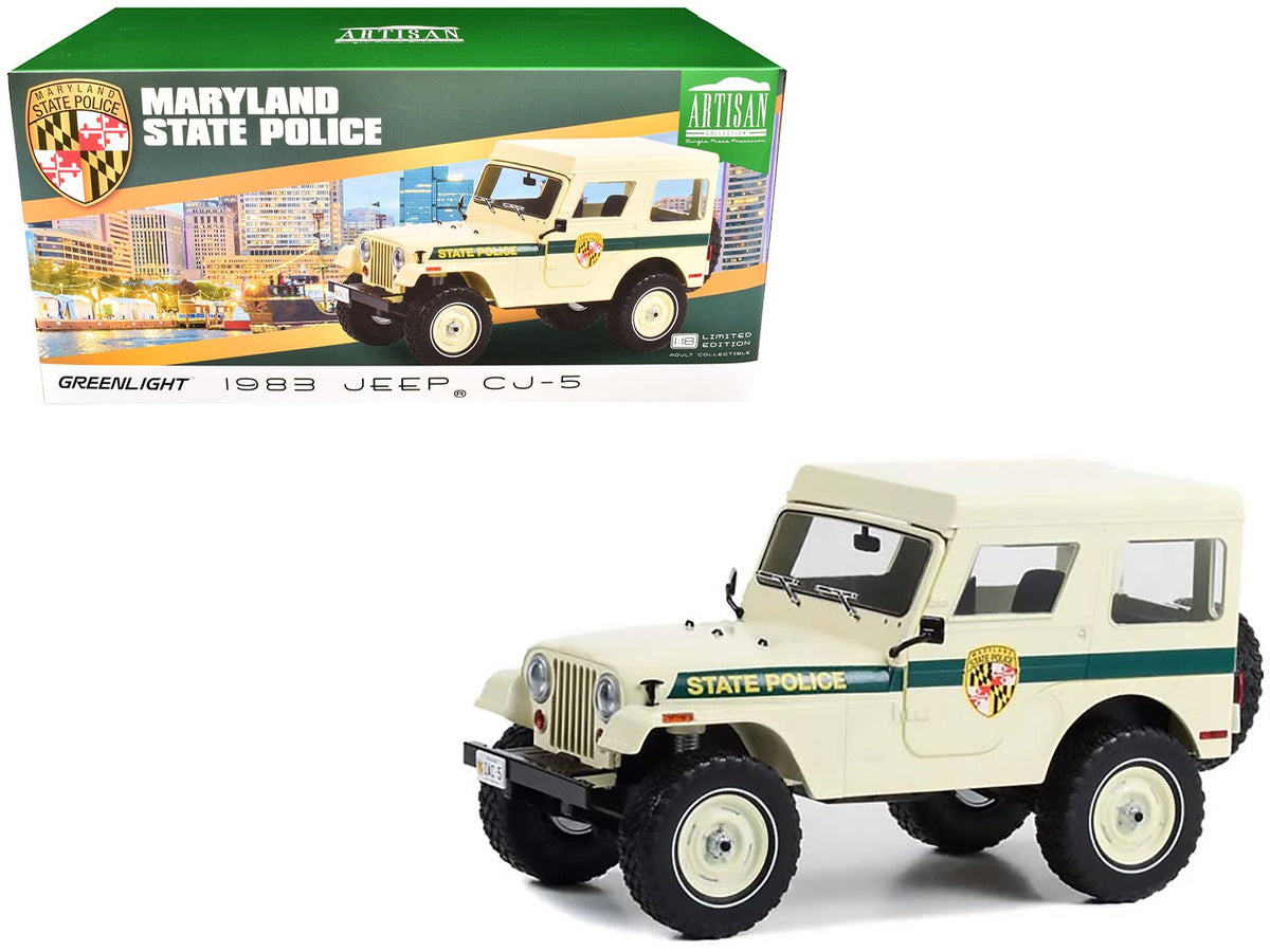 1983 Jeep CJ-5 Hardtop "Maryland State Police" Beige with Green Stripes "Artisan Collection" Series 1/18 Diecast Model Car by Greenlight free shipping USA