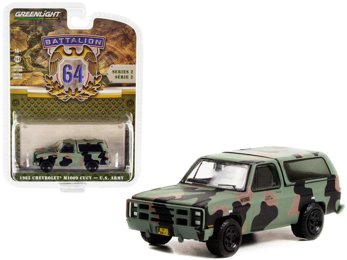 1985 Chevrolet M1009 CUCV Camouflage "U.S. Army" "Battalion 64" Release 2 1/64 Diecast Model Car by Greenlight free shipping USA