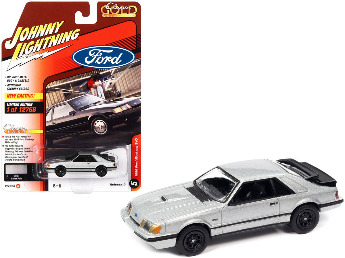 1986 Ford Mustang SVO Silver Metallic with Black Stripes "Classic Gold Collection" Series Limited Edition to 12768 pieces Worldwide 1/64 Diecast Model Car by Johnny Lightning free shipping USA