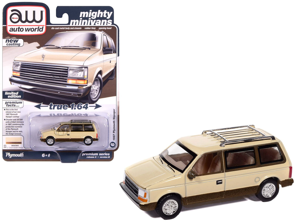 1987 Plymouth Voyager Van Light Cream and Golden Bronze Metallic 2-Tone "Mighty Minivans" Series 1/64 Diecast Model Car by Auto World free shipping USA