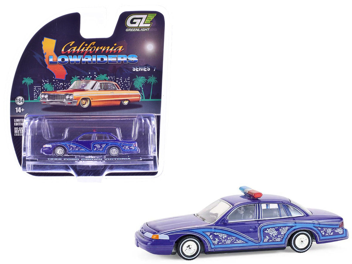1992 Ford Crown Victoria Lowrider Blue with Graphics and Lightbar "California Lowriders" Series 7 1/64 Diecast Model Car by Greenlight free shipping USA