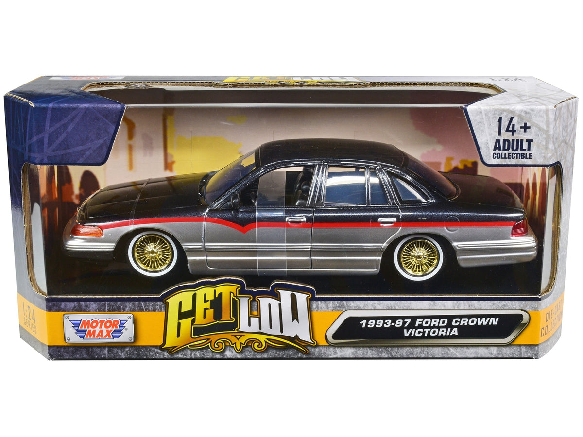 1993-1997 Ford Crown Victoria Lowrider Black Metallic and Silver with Red Stripes "Get Low" Series 1/24 Diecast Model Car by Motormax free shipping USA