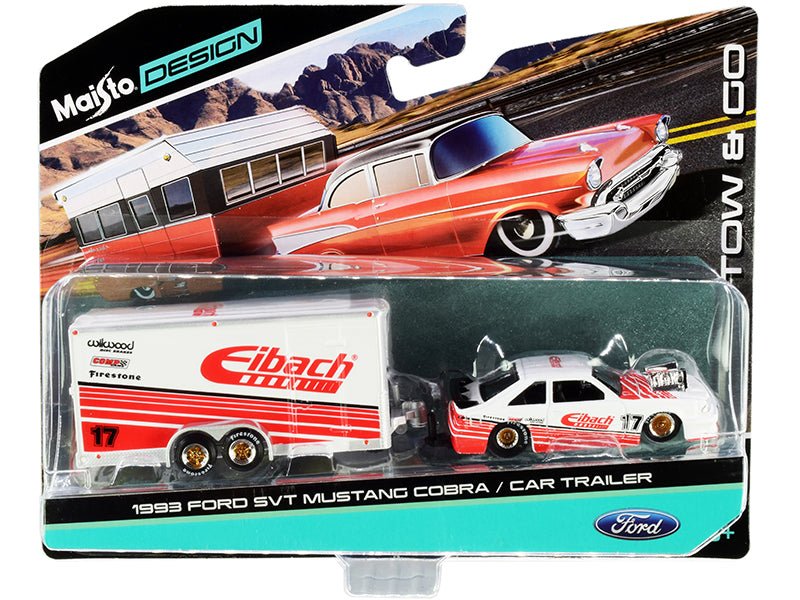 1993 Ford SVT Mustang Cobra #17 with Enclosed Car Trailer "Eibach" White with Red Stripes "Tow & Go" Series 1/64 Diecast Model Cars by Maisto free shipping USA