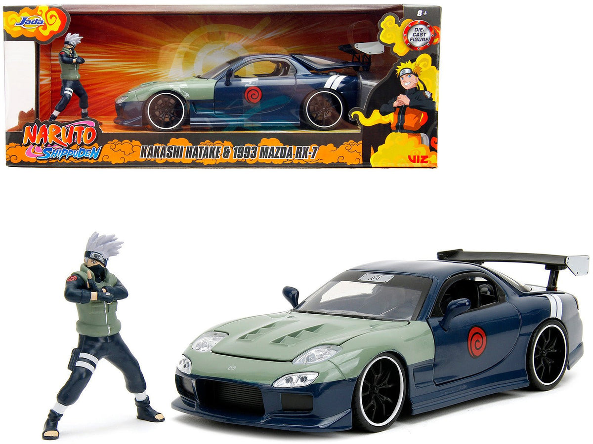 1993 Mazda RX-7 Dark Blue with Green Hood and Kakashi Hatake Diecast Figure "Naruto Shippuden" (2009-2017) TV Series "Anime Hollywood Rides" Series 1/24 Diecast Model Car by Jada free shipping USA