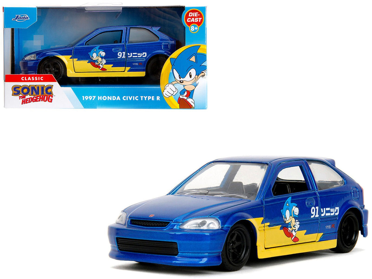 1997 Honda Civic Type R Blue Metallic with Graphics "Sonic the Hedgehog" (1991) Video Game "Hollywood Rides" Series 1/32 Diecast Model Car by Jada free shipping USA
