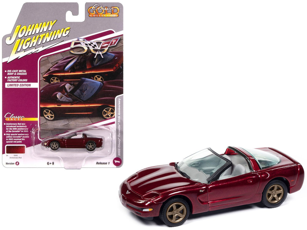 2003 Chevrolet Corvette Convertible "50th Anniversary" Anniversary Red Metallic "Classic Gold Collection" 1/64 Diecast Model Car by Johnny Lightning free shipping USA