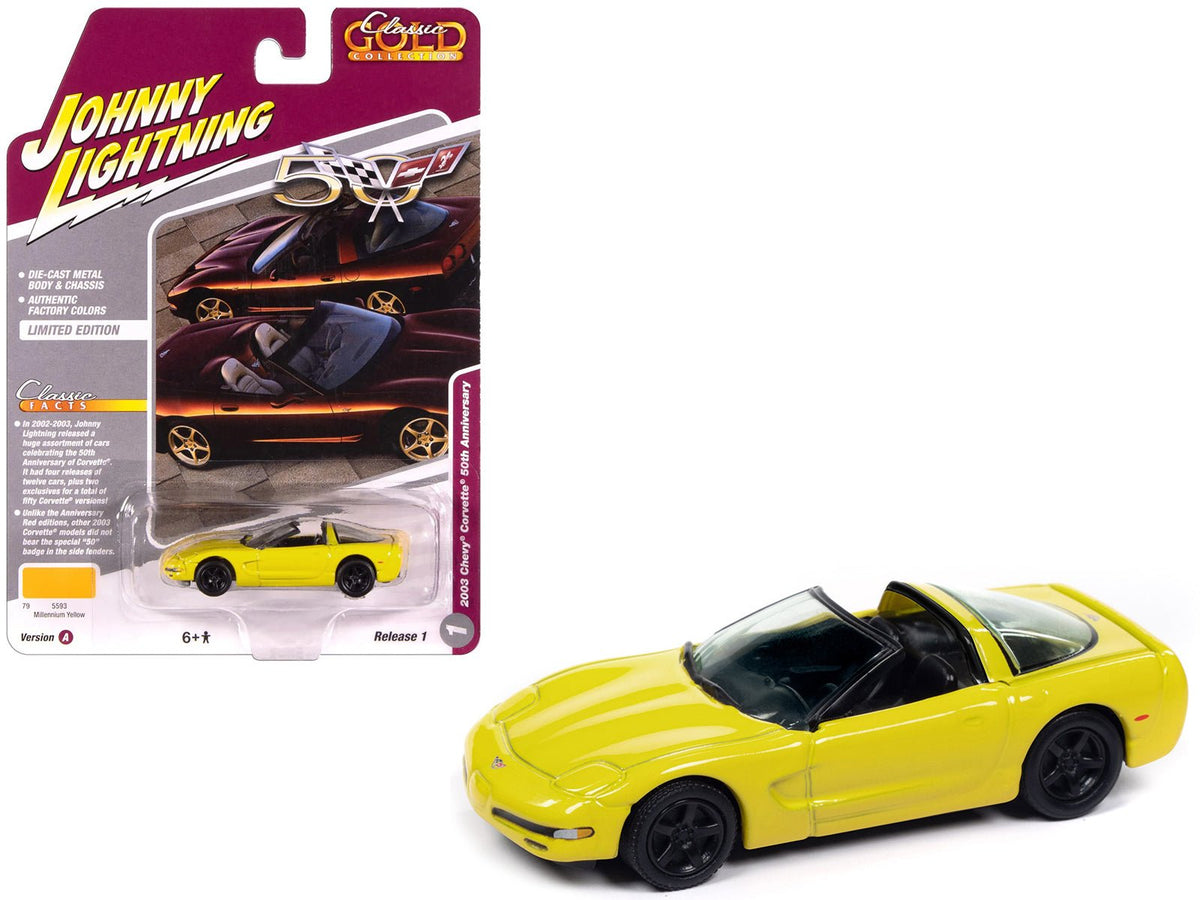 2003 Chevrolet Corvette Convertible "50th Anniversary" Millennium Yellow "Classic Gold Collection" 1/64 Diecast Model Car by Johnny Lightning free shipping USA